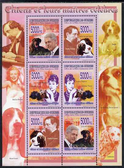 Guinea - Conakry 2009 Dogs and their Masters perf sheetlet containing 6 values unmounted mint, stamps on personalities, stamps on dogs, stamps on films, stamps on movies, stamps on cinema, stamps on usa presidents, stamps on marilyn, stamps on dickens, stamps on literature, stamps on 