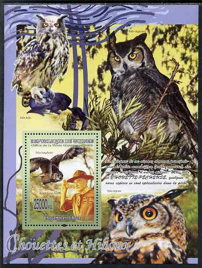 Guinea - Conakry 2009 Owls and Scouts #2 perf s/sheet unmounted mint, stamps on personalities, stamps on scouts, stamps on owls