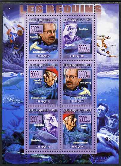 Guinea - Conakry 2009 Sharks (with Jacques Cousteau & Steven Spielberg) perf sheetlet containing 6 values unmounted mint, stamps on , stamps on  stamps on personalities, stamps on  stamps on fish, stamps on  stamps on sharks, stamps on  stamps on films, stamps on  stamps on movies, stamps on  stamps on cinema, stamps on  stamps on scuba, stamps on  stamps on surf boarding