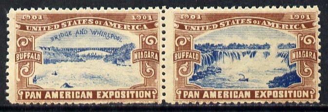 Cinderella - United States 1901 Pan American Exposition se-tenant pair showing Buffalo Bridge & Niagara Falls in brown & blue , stamps on bridges    waterfalls    civil engineering           cinderella