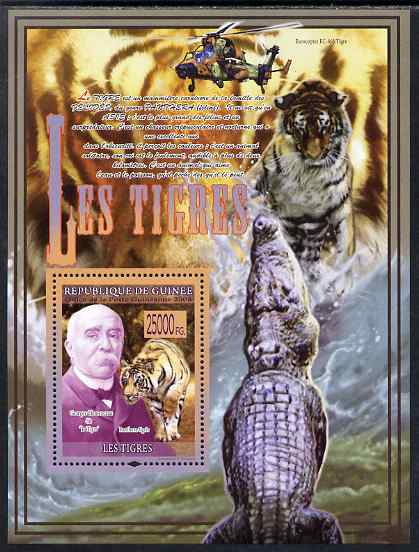 Guinea - Conakry 2009 Big Cats (Tigers with Georges Clemenceau) perf s/sheet unmounted mint, stamps on , stamps on  stamps on animals, stamps on  stamps on lions, stamps on  stamps on cats, stamps on  stamps on tigers, stamps on  stamps on helicopters