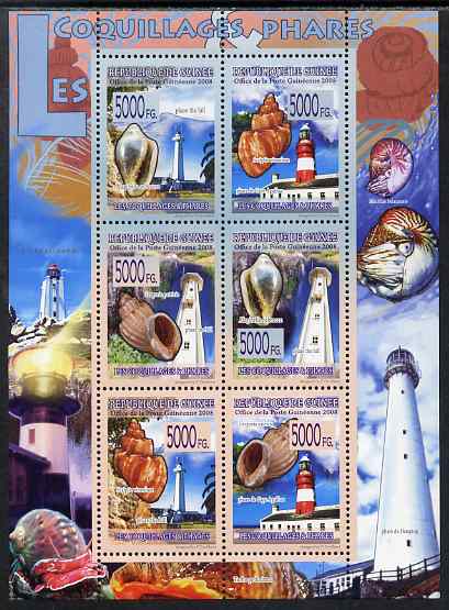 Guinea - Conakry 2009 Lighthouses and Shells perf sheetlet containing 6 values unmounted mint, stamps on marine life, stamps on shells, stamps on lighthouses
