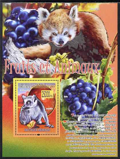 Guinea - Conakry 2009 Animals and Fruits #2 perf s/sheet unmounted mint, stamps on animals, stamps on grapes, stamps on food, stamps on fruit, stamps on apes, stamps on lemurs