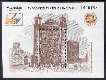Spain 1992 Exfilna '92 Stamp Exhibition perf m/sheet unmounted mint SG MS 3189, stamps on stamp exhibitions, stamps on churches
