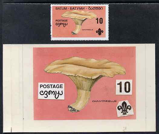 Batum 1994 Fungi - Chantarelle 10r with Scout emblem, original hand-painted atywork on card 90 mm x 65 mm with overlay (inscription part is missing) plus issued stamp. No..., stamps on fungi, stamps on scouts