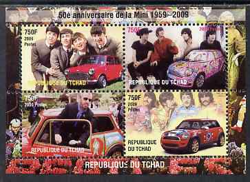 Chad 2009 50th Anniversary of the Mini featuring The Beatles, perf sheetlet containing 4 values unmounted mint. Note this item is privately produced and is offered purely..., stamps on cars, stamps on mini, stamps on beatles, stamps on pops, stamps on rock, stamps on music