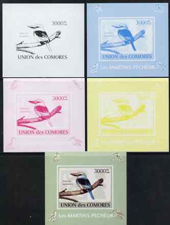 Comoro Islands 2009 Kingfisher s/sheet - the set of 5 imperf progressive proofs comprising the 4 individual colours plus all 4-colour composite, unmounted mint , stamps on , stamps on  stamps on birds, stamps on  stamps on kingfishers