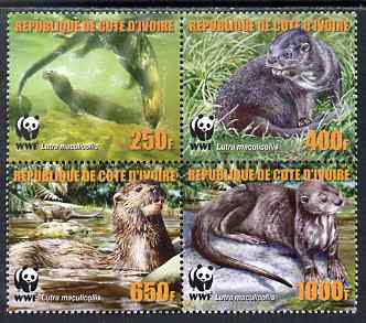 Ivory Coast 2005 WWF - Otters perf set of 4 in se-tenant block unmounted mint. Note this item is privately produced and is offered purely on its thematic appeal, stamps on  wwf , stamps on animals, stamps on otters