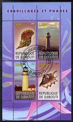 Djibouti 2009 Lighthouses and Shells #1 perf sheetlet containing 4 values fine cto used, stamps on lighthouses, stamps on shells, stamps on marine life