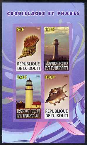 Djibouti 2009 Lighthouses and Shells #1 imperf sheetlet containing 4 values unmounted mint, stamps on lighthouses, stamps on shells, stamps on marine life