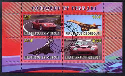 Djibouti 2009 Concorde and Ferrari #1 perf sheetlet containing 4 values fine cto used, stamps on , stamps on  stamps on aviation, stamps on  stamps on concorde, stamps on  stamps on cars, stamps on  stamps on ferrari