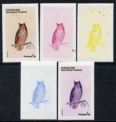 Eynhallow 1974 Owls (UPU Centenary) 1/2p (Mottled Owl) set of 5 imperf progressive colour proofs comprising 3 individual colours (red, blue & yellow) plus 3 and all 4-colour composites unmounted mint, stamps on , stamps on  stamps on birds    upu    owls   birds of prey, stamps on  stamps on  upu , stamps on  stamps on 