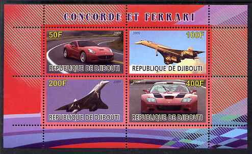 Djibouti 2009 Concorde and Ferrari #1 perf sheetlet containing 4 values unmounted mint, stamps on aviation, stamps on concorde, stamps on cars, stamps on ferrari