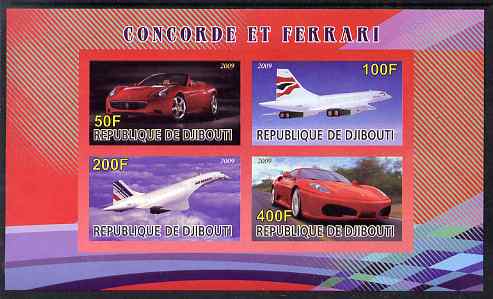 Djibouti 2009 Concorde and Ferrari #21 imperf sheetlet containing 4 values unmounted mint, stamps on aviation, stamps on concorde, stamps on cars, stamps on ferrari