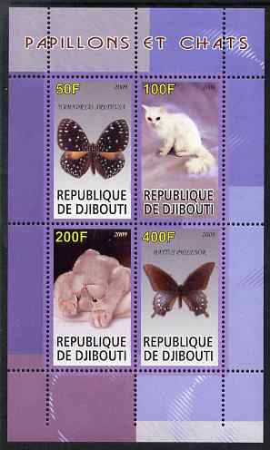 Djibouti 2009 Butterflies and Cats #1 perf sheetlet containing 4 values unmounted mint, stamps on butterflies, stamps on cats