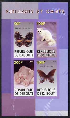 Djibouti 2009 Butterflies and Cats #1 imperf sheetlet containing 4 values unmounted mint, stamps on butterflies, stamps on cats
