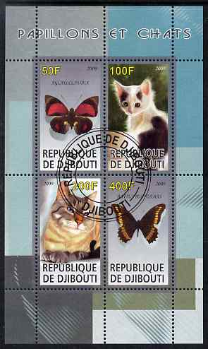 Djibouti 2009 Butterflies and Cats #2 perf sheetlet containing 4 values fine cto used, stamps on butterflies, stamps on cats