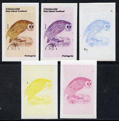 Eynhallow 1974 Owls (UPU Centenary) 1p (White Owl) set of 5 imperf progressive colour proofs comprising 3 individual colours (red, blue & yellow) plus 3 and all 4-colour ..., stamps on birds    upu    owls   birds of prey, stamps on  upu , stamps on 