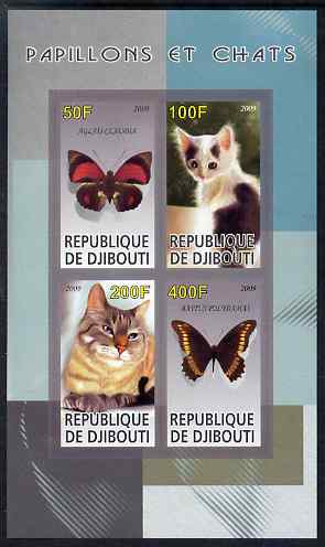 Djibouti 2009 Butterflies and Cats #2 imperf sheetlet containing 4 values unmounted mint, stamps on , stamps on  stamps on butterflies, stamps on  stamps on cats