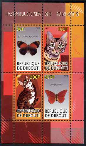 Djibouti 2009 Butterflies and Cats #3 perf sheetlet containing 4 values unmounted mint, stamps on butterflies, stamps on cats