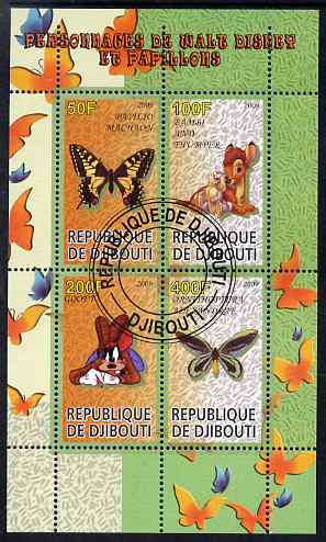 Djibouti 2009 Butterflies and Disney Characters #1 perf sheetlet containing 4 values fine cto used, stamps on butterflies, stamps on disney, stamps on cartoons, stamps on films, stamps on movies, stamps on cinema