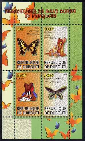 Djibouti 2009 Butterflies and Disney Characters #1 perf sheetlet containing 4 values unmounted mint, stamps on butterflies, stamps on disney, stamps on cartoons, stamps on films, stamps on movies, stamps on cinema