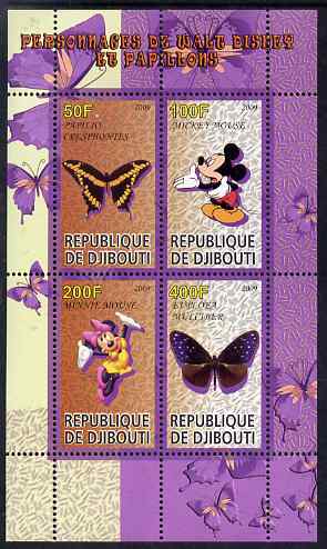 Djibouti 2009 Butterflies and Disney Characters #2 perf sheetlet containing 4 values unmounted mint, stamps on butterflies, stamps on disney, stamps on cartoons, stamps on films, stamps on movies, stamps on cinema
