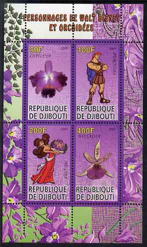 Djibouti 2009 Orchids and Disney Characters #1 perf sheetlet containing 4 values unmounted mint, stamps on flowers, stamps on orchids, stamps on disney, stamps on cartoons, stamps on films, stamps on movies, stamps on cinema