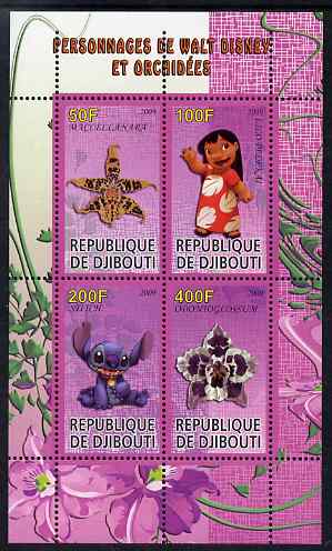 Djibouti 2009 Orchids and Disney Characters #3 perf sheetlet containing 4 values unmounted mint, stamps on flowers, stamps on orchids, stamps on disney, stamps on cartoons, stamps on films, stamps on movies, stamps on cinema