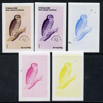 Eynhallow 1974 Owls (UPU Centenary) 10p (Little Owl) set of 5 imperf progressive colour proofs comprising 3 individual colours (red, blue & yellow) plus 3 and all 4-colour composites unmounted mint, stamps on birds    upu    owls   birds of prey, stamps on  upu , stamps on 