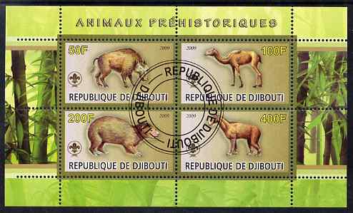 Djibouti 2009 Prehistoric Animals with Scout Logo #1 perf sheetlet containing 4 values fine cto used, stamps on animals, stamps on dinosaurs, stamps on scouts