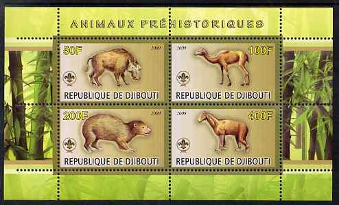 Djibouti 2009 Prehistoric Animals with Scout Logo #1 perf sheetlet containing 4 values unmounted mint, stamps on animals, stamps on dinosaurs, stamps on scouts