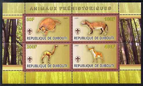 Djibouti 2009 Prehistoric Animals with Scout Logo #2 perf sheetlet containing 4 values unmounted mint, stamps on animals, stamps on dinosaurs, stamps on scouts