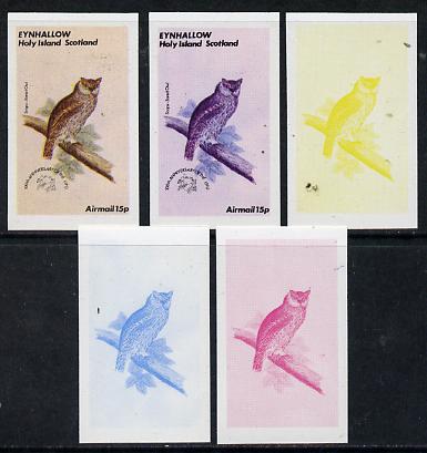 Eynhallow 1974 Owls (UPU Centenary) 15p (Scops-Eared Owl) set of 5 imperf progressive colour proofs comprising 3 individual colours (red, blue & yellow) plus 3 and all 4-colour composites unmounted mint, stamps on birds    upu    owls   birds of prey, stamps on  upu , stamps on 