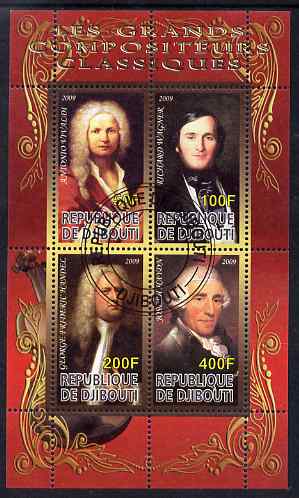 Djibouti 2009 Classic Composers #1 perf sheetlet containing 4 values fine cto used, stamps on personalities, stamps on music, stamps on composers, stamps on vivaldi, stamps on wagner, stamps on handel, stamps on haydn