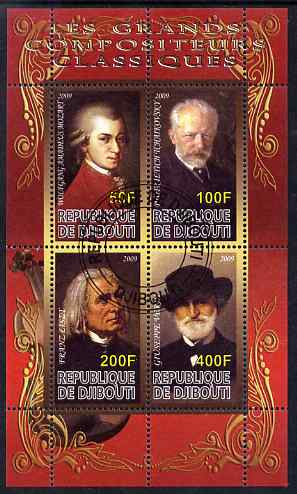 Djibouti 2009 Classic Composers #2 perf sheetlet containing 4 values fine cto used, stamps on , stamps on  stamps on personalities, stamps on  stamps on music, stamps on  stamps on composers, stamps on  stamps on mozart, stamps on  stamps on tchaikovski, stamps on  stamps on liszt, stamps on  stamps on verdi, stamps on  stamps on masonics, stamps on  stamps on masonry, stamps on  stamps on opera
