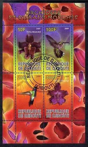 Djibouti 2009 Orchids and Hummingbirds #1 perf sheetlet containing 4 values fine cto used, stamps on flowers, stamps on orchids, stamps on birds, stamps on hummingbirds