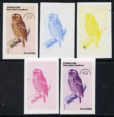 Eynhallow 1974 Owls (UPU Centenary) 25p (Tawny Owl) set of 5 imperf progressive colour proofs comprising 3 individual colours (red, blue & yellow) plus 3 and all 4-colour composites unmounted mint, stamps on birds    upu    owls   birds of prey, stamps on  upu , stamps on 