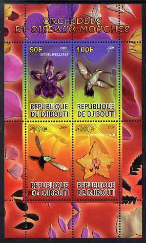 Djibouti 2009 Orchids and Hummingbirds #2 perf sheetlet containing 4 values unmounted mint, stamps on flowers, stamps on orchids, stamps on birds, stamps on hummingbirds