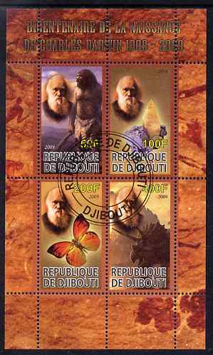 Djibouti 2009 Bicentenary of Charles Darwin perf sheetlet containing 4 values fine cto used, stamps on animals, stamps on personalities, stamps on minerals, stamps on apes, stamps on butterflies, stamps on dinosaurs, stamps on darwin