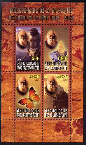 Djibouti 2009 Bicentenary of Charles Darwin perf sheetlet containing 4 values unmounted mint, stamps on , stamps on  stamps on animals, stamps on  stamps on personalities, stamps on  stamps on minerals, stamps on  stamps on apes, stamps on  stamps on butterflies, stamps on  stamps on dinosaurs, stamps on  stamps on darwin