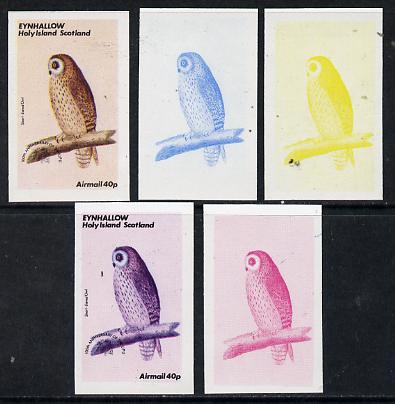 Eynhallow 1974 Owls (UPU Centenary) 40p (Short-Eared Owl) set of 5 imperf progressive colour proofs comprising 3 individual colours (red, blue & yellow) plus 3 and all 4-..., stamps on birds    upu    owls   birds of prey, stamps on  upu , stamps on 