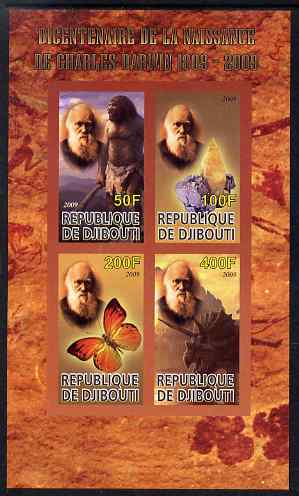 Djibouti 2009 Bicentenary of Charles Darwin imperf sheetlet containing 4 values unmounted mint, stamps on animals, stamps on personalities, stamps on minerals, stamps on apes, stamps on butterflies, stamps on dinosaurs, stamps on darwin