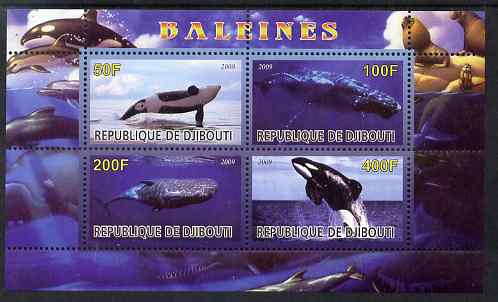 Djibouti 2009 Whales perf sheetlet containing 4 values unmounted mint, stamps on whales, stamps on marine life