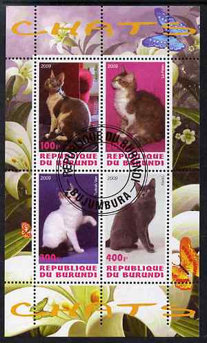 Burundi 2009 Domestic Cats #1 perf sheetlet containing 4 values fine cto used, stamps on cats
