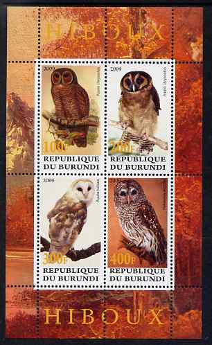 Burundi 2009 Owls perf sheetlet containing 4 values unmounted mint, stamps on birds, stamps on birds of prey, stamps on owls