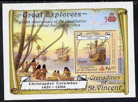 St Vincent - Grenadines 1988 Explorers the unissued $6 m/sheet (Santa Maria) with stamp perforated on three sides only (imperf at right) unmounted mint. , stamps on columbus   explorers  ships