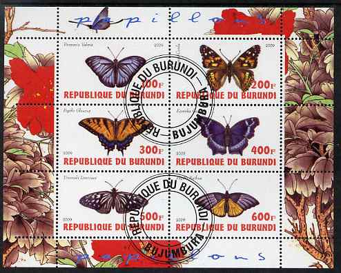 Burundi 2009 Butterflies #3 perf sheetlet containing 6 values fine cto used, stamps on butterflies, stamps on 