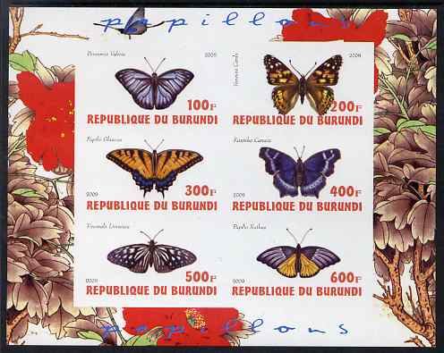 Burundi 2009 Butterflies #3 imperf sheetlet containing 6 values unmounted mint, stamps on butterflies, stamps on 