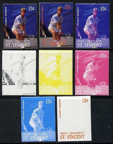 St Vincent - Bequia 1988 International Tennis Players 15c (Anders Jarryd) set of 8 imperf progressive proofs comprising the 5 individual colours plus 2, 4 and all 5 colou..., stamps on sport   personalities    tennis